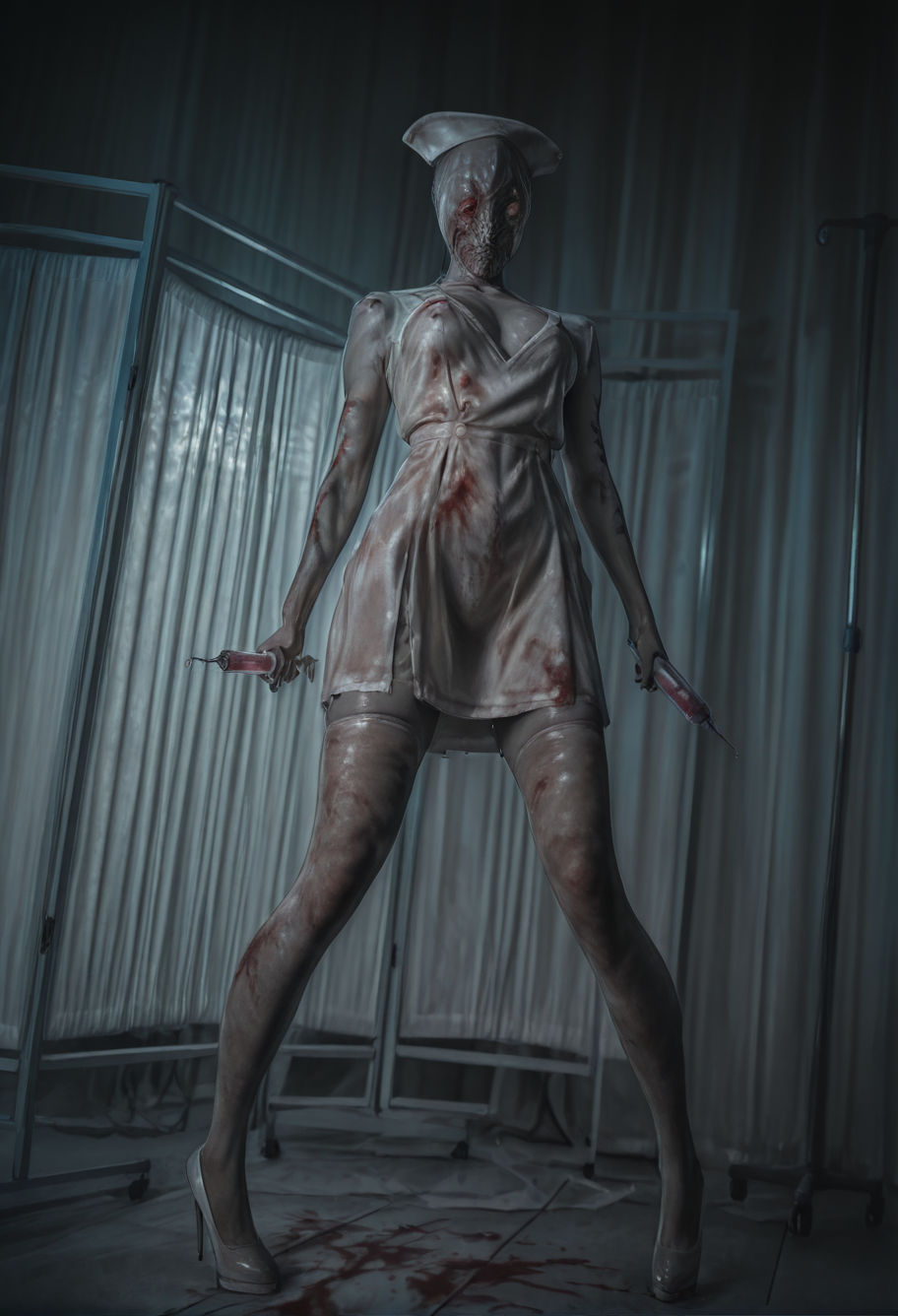 48839-1744600245-shiny skin,sweat,narrow waist,,shej,,nurse,covered face,dirty,grey skin,holding syringe,horror _(theme_),hospital,monster girl,f.png